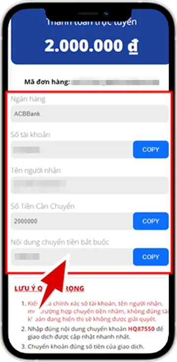Bước 5: Quét mã QR có sẵn hoặc kéo xuống copy thông tin ngân hàng.